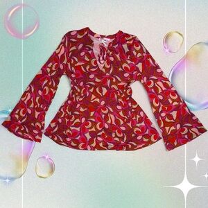 60s/y2k style lascana for venus retro inspired aop tie-neck babydoll top, sz sm